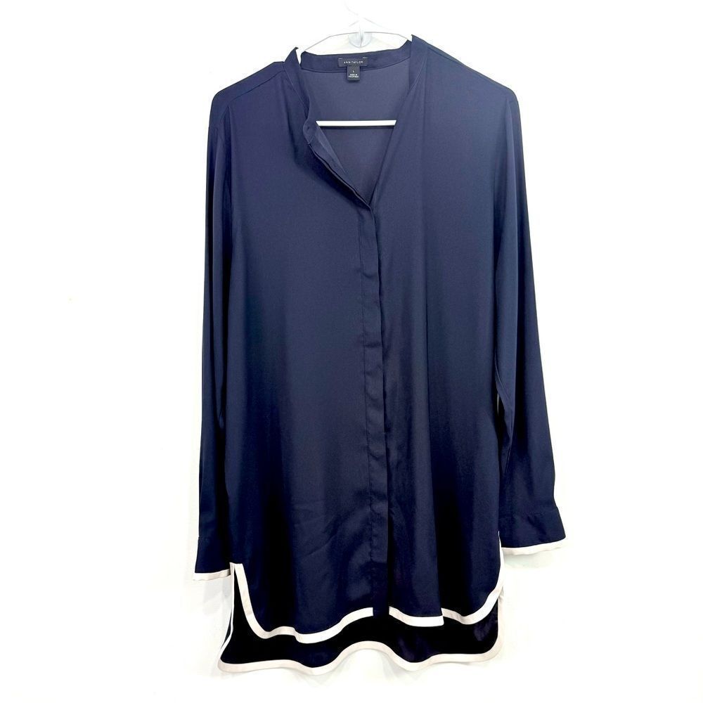 Ann Taylor Navy Blue White Trim Long Sleeve Lightweight Tunic Top Mini Dress